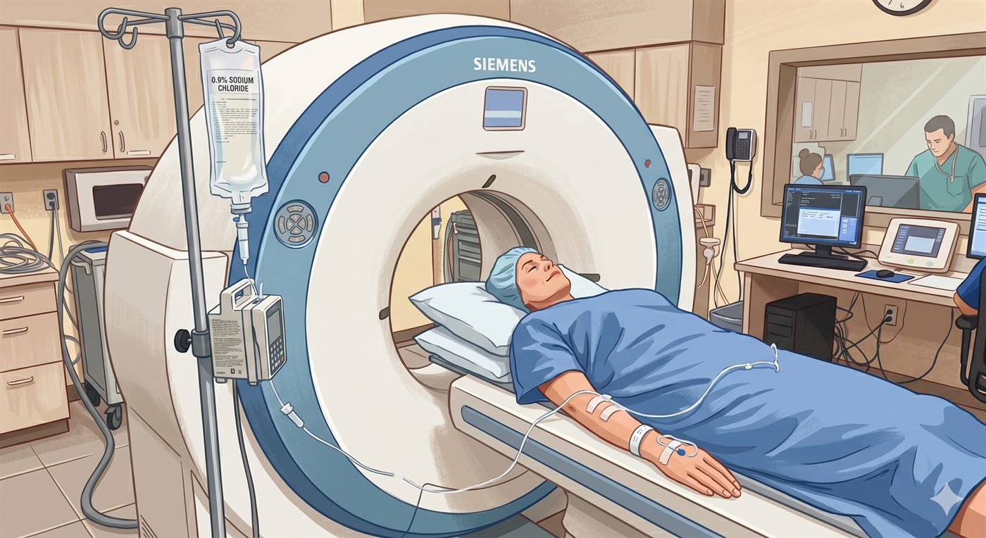 Physician and technologist at a CT console during a contrast exam